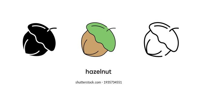 Hazelnuss-Icon-Design. Haselnusssymbol in Silhouette, farbig und linear. Hazelnut Icon Linie Vektorgrafik einzeln auf sauberem Hintergrund für Ihr Web-Logo für mobile Anwendungen.