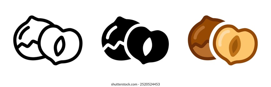 Hazelnut icon. Whole and peeled nut color sign. Nutella nut symbol. Healthy snack pictogram.