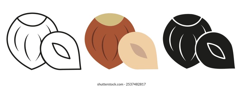 Haselnuss. Illustration von Haselbäumen in verschiedenen Stilen. Haselnuss für Ihre Werbung. EPS 10.
