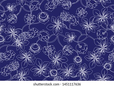 Hazelnut. Imitation of traditional Japanese embroidery Sashiko. Spring flowers. Seamless pattern, background. Vector illustration. On navy blue background.	