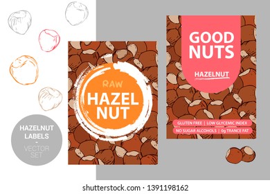 Hazelnut labels with brush stroke elements and cartoon drawn nut texture. product Badge with text: gluten free, low glycemic index, no sugar alcohols, 0g trance fat. sticker ready for web, print