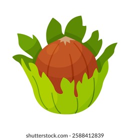 Hazelnut with leaves. Cartoon hazelnut Hand drawn trendy flat style isolated icon. Organic raw hazel with leaves, tasty snacks. Forest nut Vector illustration