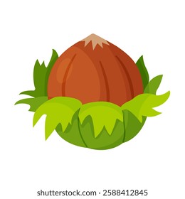 Hazelnut with leaves. Cartoon hazelnut Hand drawn trendy flat style isolated icon. Organic raw hazel with leaves, tasty snacks. Forest nut Vector illustration