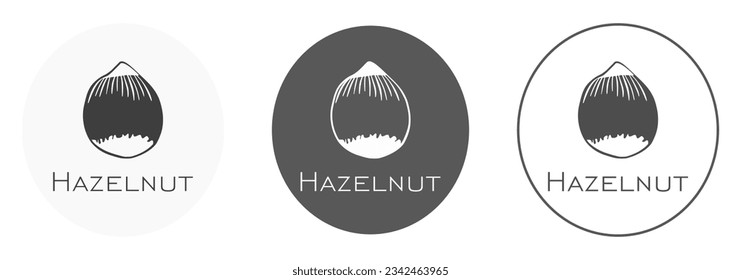 Hazelnut logo set. Vector label in three variants. Black white. Flat nut design in a circle. Emblem illustration isolated on white background. Line and silhouette. For flyer, card, business promote