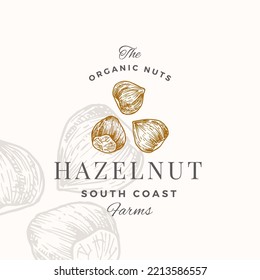 Hazelnut Logo Template. Hand Drawn Nuts Sketch with Retro Typography. Premium Plant Based Vegan Food Badge Emblem. Isolated