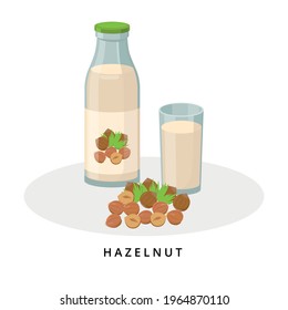 Hazelnut milk in bottle and glass. Plant milk, vegan milk concept. Vector illustration isolated on white background. Alternative milk and ingredients. 