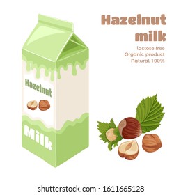 Hazelnut milk in carton box isolated on white background. Vector illustration of plant-based drink and nuts in cartoon flat style. Organic Dairy Free Vegan beverage.
