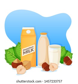Hazelnut milk in packaging, bottle and glass, vector flat cartoon illustration. Healthy vegan nutrition drink. Homemade fresh natural beverage label or sticker design template.