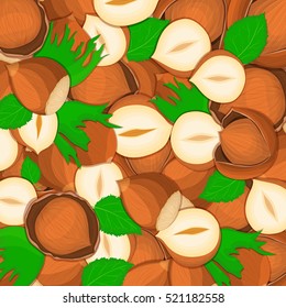 The hazelnut nut background Closely spaced delicious hazelnut vector illustration Nuts pattern walnut fruit in the shell whole shelled leaves appetizing looking for packaging design of healthy food