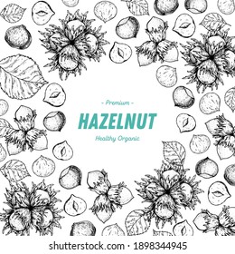 Hazelnut nuts hand drawn sketch. Nuts vector illustration. Organic healthy food. Great for packaging design. Engraved style. Black and white color.	