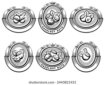 Hazelnut nuts label and icon set. Collection icons hazelnut nuts. Vector