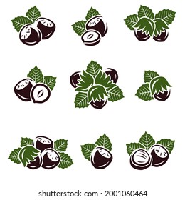 Hazelnut nuts set. Collection icon hazelnut nuts. Vector