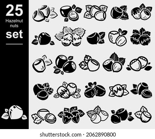 Colocación de castañas de avellano. Nueces de avellanas de iconos de colección. Vector