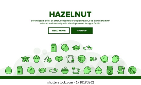 Hazelnut Organic Food Landing Web Page Header Banner Template Vector. Hazelnut In Coffee And Chocolate Candy, Peanut Butter Bottle And On Peace Of Bread Illustration