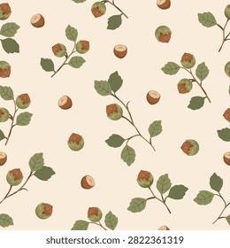 Hazelnut pattern. Nuts pattern. Seamless botanical pattern with hazelnuts on branches, green leaves in vector style. Nut pattern for wallpaper, textiles, wrapping paper, packaging, food design
