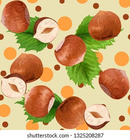 Hazelnut. Realistic illustration of hazelnuts. Vector illustration. Delicious Healthy Vegan Appetizer. Seamless vector. Template. Background. Packaging.