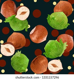 Hazelnut. Realistic illustration of hazelnuts. Vector illustration. Delicious Healthy Vegan Appetizer. Seamless vector. Template. Background. Packaging.
