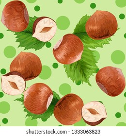 Hazelnut. Realistic illustration of hazelnuts. Vector illustration. Delicious Healthy Vegan Appetizer. Seamless vector. Template. Background. Packaging.