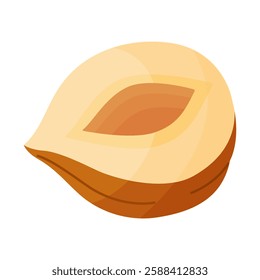 Hazelnut ripe and tasty. half a hazelnut without shell. Hand drawn trendy flat style isolated icon. Healthy treat, snacks, peeled forest nut. Vector illustration