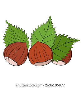 Avellana madura y sabrosa. Avellana entera en el dibujo de la cáscara. Ilustración vectorial de nueces de bosque sin pelar. Puñado aislado de nueces enteras en estilo plano de dibujos animados.