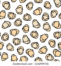 Hazelnut Seamless Endless Pattern. Whole Peeled Hazelnut. Autumn or Fall Harvest Collection. Realistic Hand Drawn High Quality Vector Illustration. Doodle Style.