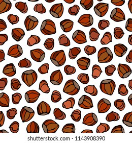 Hazelnut Seamless Endless Pattern. Whole and Peeled Hazelnut. Autumn or Fall Harvest Collection. Realistic Hand Drawn High Quality Vector Illustration. Doodle Style.