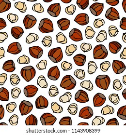 Hazelnut Seamless Endless Pattern. Whole and Peeled Hazelnut. Autumn or Fall Harvest Collection. Realistic Hand Drawn High Quality Vector Illustration. Doodle Style.