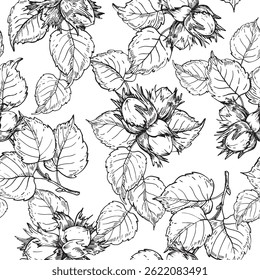 Hazelnut seamless pattern with branch, leaves and fruits. Vector black and white background hand drawn with ink. Graphic ornament for label and logo design