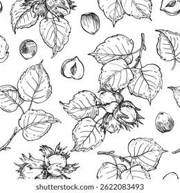 Hazelnut seamless pattern with branch, leaves and fruits. Vector black and white background hand drawn with ink. Graphic ornament for label and logo design