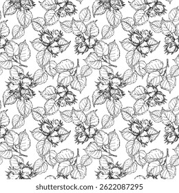 Hazelnut seamless pattern with branch, leaves and fruits. Vector black and white background hand drawn with ink. Graphic ornament for label and logo design