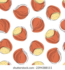 Hazelnut seamless pattern in line art, flat style. Hand drawn, sketch. Vector illustration on a white background.