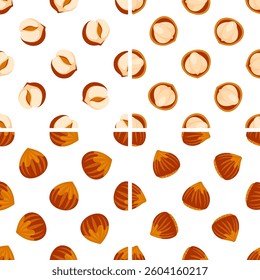 Hazelnut seamless pattern showing whole, half and peeled nuts