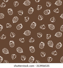 Hazelnut seamless pattern. Useful for ads, signboards, packaging, menu design, interior decorating and other design.