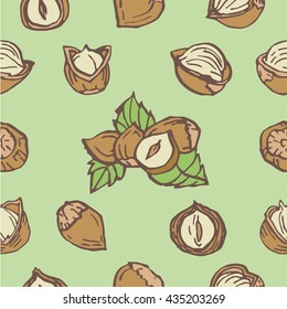 Hazelnut seamless pattern. Useful for ads, signboards, packaging, menu design, interior decorating and other design.