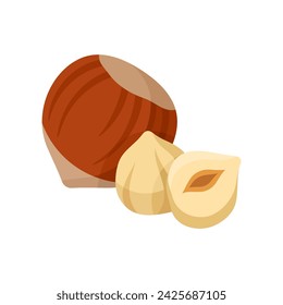 Hazelnut in shell and peeled nuts flat style vector illustration