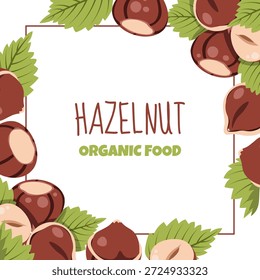Marco cuadrado de avellana con hojas verdes en estilo plano. Antecedentes para la creación de envases de alimentos, etiquetas de Producto, carteles de marketing, Anuncios de Sitio web e identidad de marca de nueces.