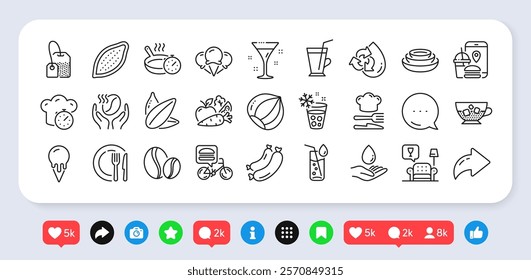 Hazelnut, Sunflower seed and Cold coffee line icons pack. Social media: share, comment, like icons. Coffee beans, Ice creams, Food delivery web icon. Vector