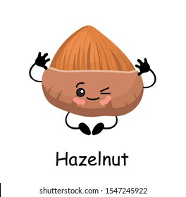 Hazelnut .Vector illustration. Cute CUTE Walnut character with arms and legs Isolated on a white background.