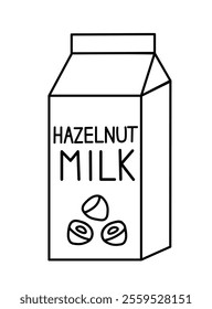 Hazelnut Vegan milk. Box Carton packaging. Outline, Doodle, Line art. Vector flat illustration.