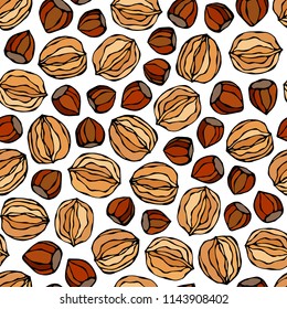 Hazelnut and Walnut Seamless Endless Pattern. Whole and Peeled Hazelnut. Autumn or Fall Harvest Collection. Realistic Hand Drawn High Quality Vector Illustration. Doodle Style.