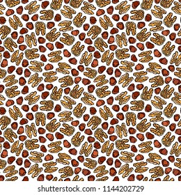 Hazelnut and Walnut Seamless Endless Pattern. Whole Peeled Hazelnut. Autumn or Fall Harvest Collection. Realistic Hand Drawn High Quality Vector Illustration. Doodle Style.