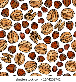 Hazelnut and Walnut Seamless Endless Pattern. Whole and Peeled Hazelnut. Autumn or Fall Harvest Collection. Realistic Hand Drawn High Quality Vector Illustration. Doodle Style.