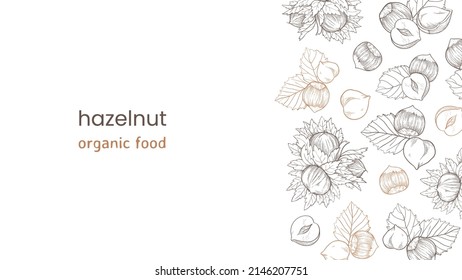 Hazelnut web banner with nuts and leaves, fruits and kernels. On the right, a pattern of hazelnuts, an organic product