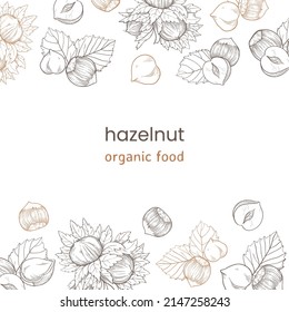 Hazelnut web banner with nuts and leaves, fruits and kernels. Frame pattern top and bottom made of hazelnuts, organic product