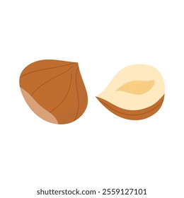 Hazelnut. Whole and half brown hazelnut. Healthy food. Products for snack. Vector illustration, flat style, isolated on white background.