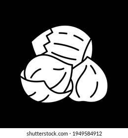 Hazelnuts dark mode glyph icon. Fresh nuts for diet. Nutrient dietary food. Recipe ingredient. Grocery product and foodstuff. White silhouette symbol on black space. Vector isolated illustration