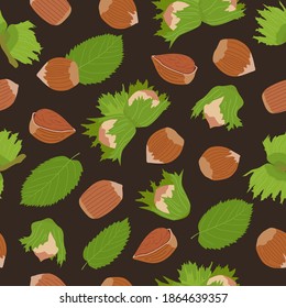 Hazelnuts flat vector seamless pattern. Nuts, leaves, kernel in shell texture in hand drawn style on white background. Trendy design for wrapping paper, wallpaper, summer beach fabric