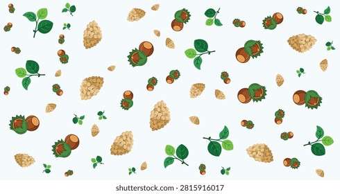 hazelnuts with green leaves and beige shells on white background ideal for healthy food snack and nutrition visuals
