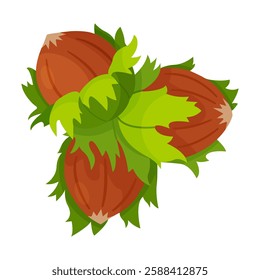 Hazelnuts with leaves. Cartoon hazelnut Hand drawn trendy flat style isolated icon. Organic raw hazel with leaves, tasty snacks. Forest nut Vector illustration