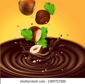 Hazelnuts with leaves fall into liquid chocolate. Splash effect 3D vector. High detailed realistic illustration